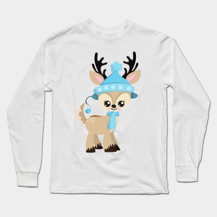 Christmas Reindeer, Cute Reindeer, Blue Hat, Xmas Long Sleeve T-Shirt